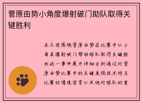 菅原由势小角度爆射破门助队取得关键胜利 菅原由势小角度爆射破门助队取得关键胜利